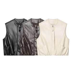 Women's Casual Matte PU Leather Vest Round Neck Sleeveless Waistcoat Outerwear With Pockets Loose Fit Zipper Closure Jacket