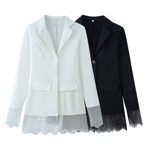 Women's autumn fashion suit jackets with elegant lace拼接 detailing in black and white