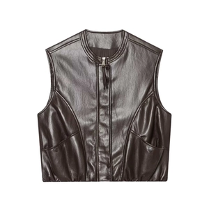 Women's dark brown matte faux leather sleeveless vest with zipper and elastic hem