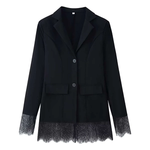 Women's black blazer with lace hem and cuffs, long sleeves with double button closure