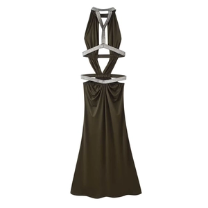 Olive green halter neck maxi dress with waist cut-outs and sparkly rhinestone trim