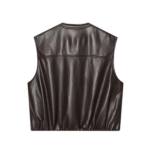 Detail view of the back of a matte brown faux leather sleeveless vest with elastic hem