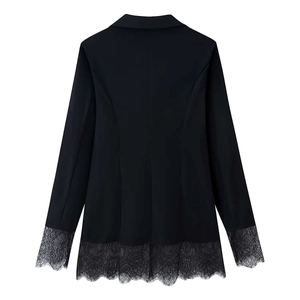 Women's black blazer with lace trim cuffs and hem detail in a tailored waist design