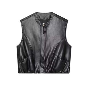 Matte black leather sleeveless vest jacket with round neck and large utility pockets
