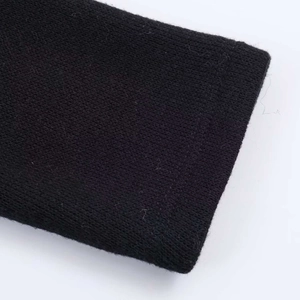 Close-up of fine black knit texture on off-shoulder sweater cuff and sleeve detail