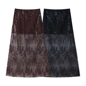 High Waist Mesh Sequin Midi Skirt Elegant A-Line Double Layer Patchwork Party Skirt For Women Fashion Commute Style
