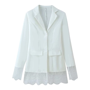Elegant white blazer for women featuring sophisticated lace trim and classic lapels