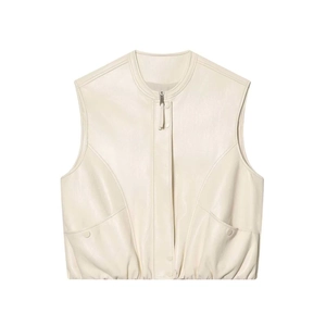 Chic off-white matte faux leather sleeveless vest with zipper and elastic waist detail