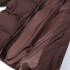 Women's warm brown hooded puffer jacket with adjustable waist drawstring detail