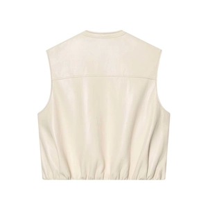 Back view of a matte faux leather vest in cream white with a chic elastic cinched hem