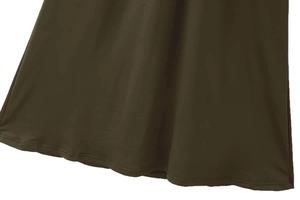 Detailed close-up of dark olive green dress hem with high-quality double-needle stitching
