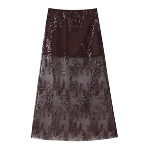 Elegant high-waisted wine red A-line mesh skirt with shimmering sequins and inner lining