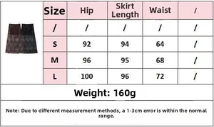 Size guide with hip and waist measurements for high-waisted embroidered long skirts