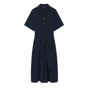 Damen Dunkelblau Kurzarm Hemdkleid Mit Goldenen Knöpfen Gürtel Elegant Midi A-Linie Arbeitskleidung Kleid Für Frauen