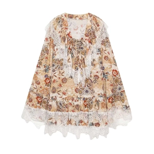 Women's Bohemian Floral Print V-Neck Midi Dress With Lace Trim Long Sleeve Rayon Loose Fit Vintage Flowy A-Line Dress
