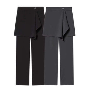 Women Fashion High Waist False Two-Piece Skirt Pants Asymmetrical Wrap Hem Casual Straight Leg Trousers Commuter Chic Bottoms