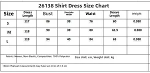 Detailed size chart for blue striped waist shirt dress in S, M, L sizes