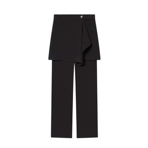 Women's black trousers with asymmetric skirt overlay and decorative metallic button