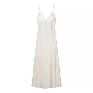Elegant white satin slip dress with floral lace bodice and thin shoulder straps