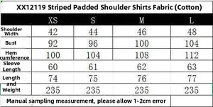 Size chart showing measurements for striped poplin shirt with shoulder pads from XS to L