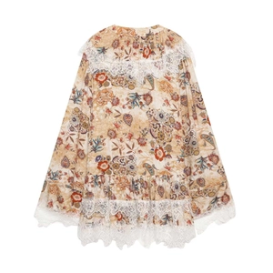 Floral paisley print long sleeve blouse with elegant white lace collar and hem detail