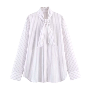 Women Casual White Striped Scarf Neck Long Sleeve Shirt Loose Fit Polyester Tie Front Blouse For Office Daily Commuting Top