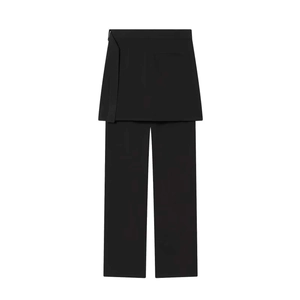 Minimalist black layered wide-leg trousers with a wrap skirt overlay for women
