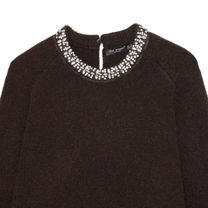 Dark brown knit cardigan featuring exquisite rhinestone flower embroidery neckline
