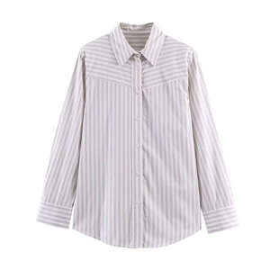 Minimalist Women's Long Sleeve Button Down Shirt Vertical Striped Poplin Lapel Blouse For Casual Daily Commute Office