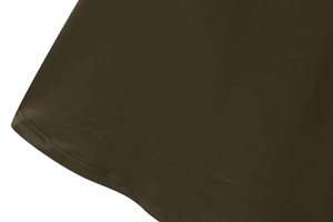 Detail of the high-quality double-stitched hem on a dark olive green cotton dress