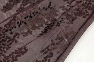 Macro shot of high-waist mesh skirt with burgundy sequins and detailed embroidery