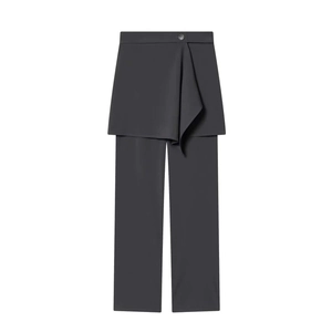 Women's dark gray two-piece skirt over pants set with button waist and pleated detail