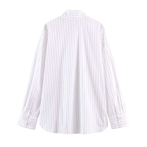 Back view of a classic white striped long sleeve shirt with a loose fit and buttoned cuffs