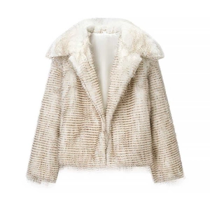 Women winter cream striped faux fur jacket with lapel collar and soft thick texture