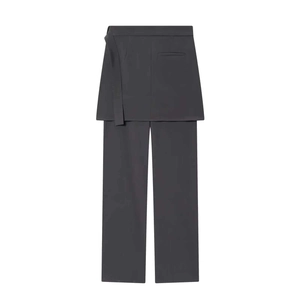 Chic dark grey high-waist trousers with a unique wrap skirt overlay and waist tie