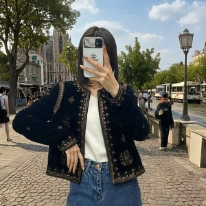 Veste en Velours Brodé Vintage pour Femmes Perles Dorées Col Rond Manches Longues Gilet Court Élégant Ethnique