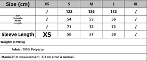 Detailed size guide for loose hooded puffer jacket with chest and length measurements