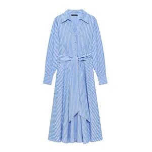 Blue and white striped long sleeve shirt dress with gold buttons and waist tie