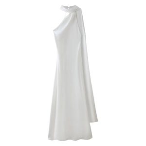 Detail of the white satin backless dress featuring an elegant halter neck with flowing ribbon