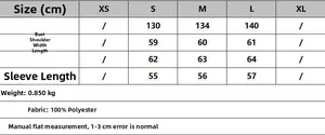 Size chart showing bust, shoulder, and length measurements for the reversible hooded jacket