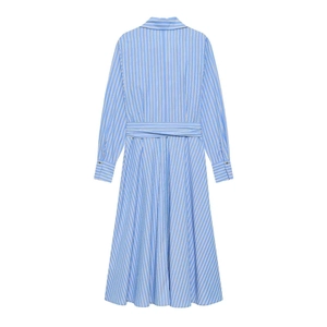 Blue striped long sleeve shirt dress with waist tie and A-line silhouette from the back