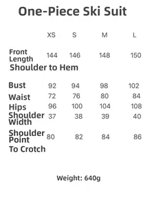 Detailed size chart for sleeveless winter ski jumpsuit with XS to L measurements