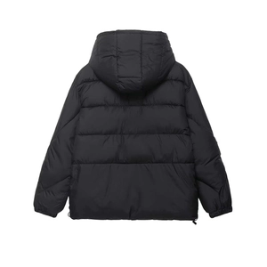 Women's black hooded puffer jacket with back view showing windproof quilted design