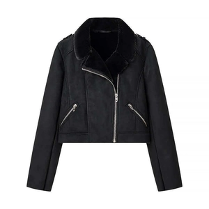 Women Winter Faux Suede Motorcycle Jacket With Faux Fur Collar Thick Polyester Warm Outerwear Mid Length Zipper Coats