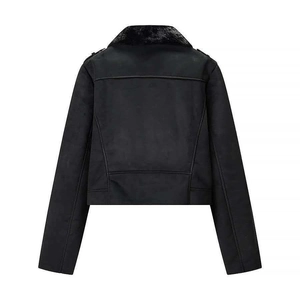 Women's black faux suede shearling biker jacket with plush fur collar and cropped fit