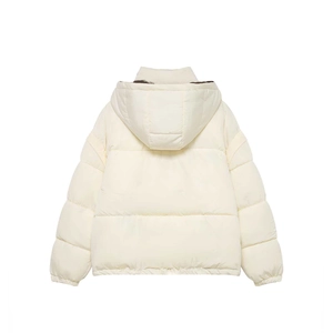 Women's cream hooded quilted puffer jacket with a stylish reversible loose fit design