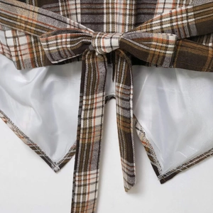 Vintage brown plaid shirt with asymmetrical hem and waist tie detail over white lining