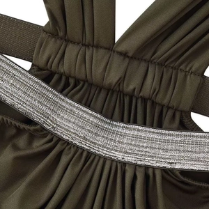 Olive green ruched dress with silver metallic elastic waistband detail for women