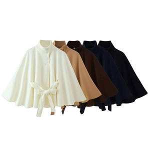 Women Elegant Stand Collar Cape Style Woolen Coat With Waist Belt A-Line Fashion Batwing Sleeve Outerwear Cloak Jacket
