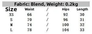 Size chart showing XS to L dimensions for women's high waist mini skirt with metal buckle